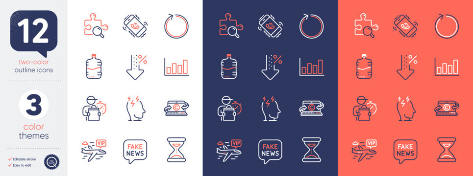 Set of Time, Report diagram and Copywriting notebook line icons. Include Low percent, Delivery man, Fake news icons. Vip flight, Loop, Cooler bottle web elements. Search puzzle. Vector