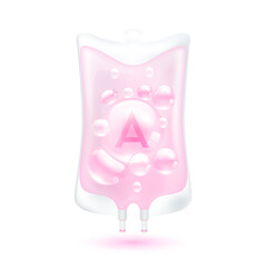 Vitamin A serum bubbles collagen pink inside plastic saline bag. IV drip vitamins minerals beauty skincare intravenous. Medical concept. Isolated realistic on white background 3D vector.