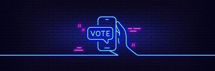 Neon light glow effect. Online voting line icon. Internet vote sign. Web election symbol. 3d line neon glow icon. Brick wall banner. Online voting outline. Vector