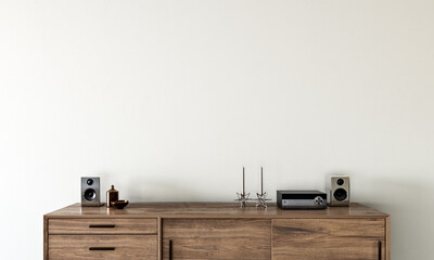white concrete mock-up wall with wooden console and decoration, modern interior, negative copy space above, 3d rendering, 3d illustration