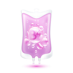 Vitamin B4 serum bubbles collagen pink purple inside plastic saline bag. IV drip vitamins minerals beauty skincare intravenous. Medical concept. Isolated realistic on white background 3D vector.