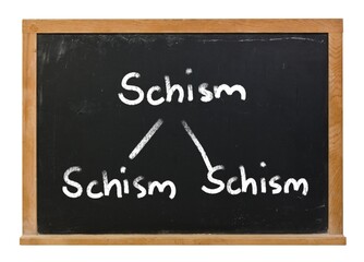 Obraz premium Schism within a schism written in white chalk on a black chalkboard isolated on white