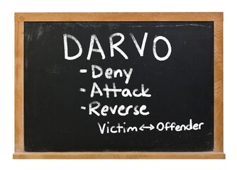 Obraz premium DARVO written in white chalk on a black chalkboard isolated on white