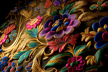 Wonderful embroidered imperial chinese silk fabric with rich golden stumpwork and royal ornaments