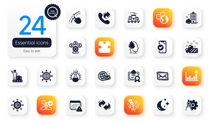 Set of Business flat icons. Video conference, Certificate and World communication elements for web application. Puzzle, Cogwheel dividers, Efficacy icons. International globe. Vector