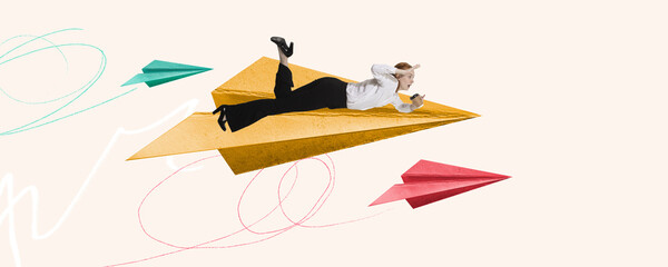 Contemporary art collage. Conceptual design. Employee flying on paper plane symbolizing professional growth and ambitions. Innovations. Banner
