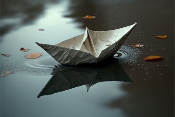 a paper boat floating on top of a lake surrounded by leaves and water droplets on a cloudy day with a reflection of the boat in the water and leaves on the surface of the water.