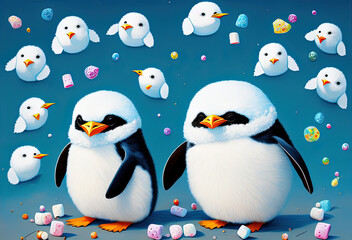 Obraz premium painting of a fluffy happy penguin chick with marshmallows flying everywhere. Generative AI