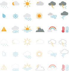 Set of weather forecast icons in line style and color fill. Weather , clouds, sunny day, moon, snowflakes, wind, sun day
