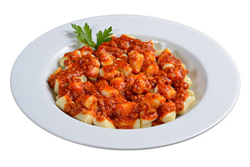Potato gnocchi bolognese. Isolated on white background.