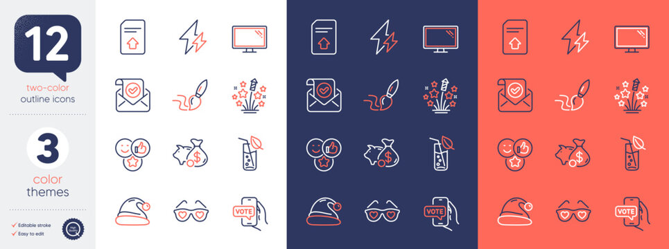 Set of Water glass, Love glasses and Upload file line icons. Include Monitor, Brush, Piggy bank icons. Fireworks stars, Confirmed mail, Online voting web elements. Santa hat, Like, Electricity. Vector