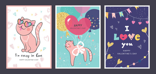 Set of Valentines Day cards with cute hand drawn elements.Vector illustration for postcards,posters, coupons, promotional material.