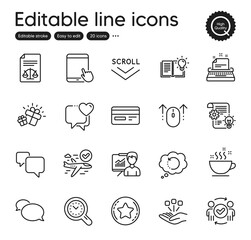 Fototapeta premium Set of Business outline icons. Contains icons as Credit card, Gift and Heart elements. Presentation, Cogwheel, Swipe up web signs. Scroll down, Typewriter, Tablet pc elements. Vector