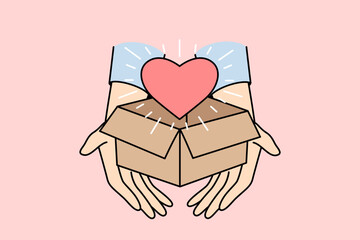 Closeup of person holding box with heart. Hands with parcel with love symbol inside share gratitude and care feeling grateful and thankful. Charity concept. Vector illustration. 