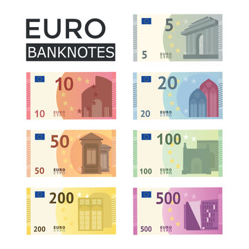 Set of Euro banknotes isolated on white background. Europen bill cash money. Cartoon money. Euro currency banknote. Bills of different denomination.Vector stock