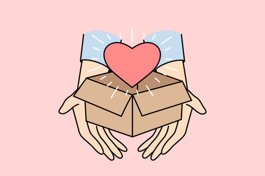 Closeup of person holding box with heart. Hands with parcel with love symbol inside share gratitude and care feeling grateful and thankful. Charity concept. Vector illustration. 