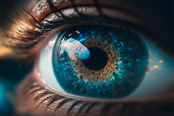 Blue eye, galaxy reflection in iris - obrazy, fototapety, plakaty
