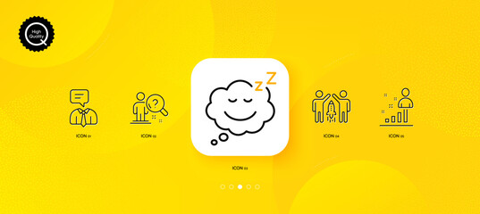 Fototapeta na wymiar Stats, Partnership and Sleep minimal line icons. Yellow abstract background. Support service, Search employee icons. For web, application, printing. Vector
