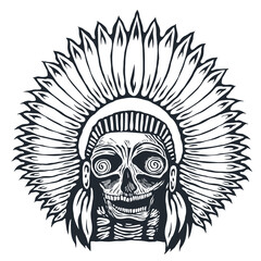 Skull of an Indian with a headdress of feathers. Vector Illustration.