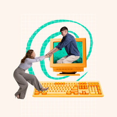 Contemporary art collage. Conceptual design. Man, employee pulling woman inside computer screen symbolizing assistance and help