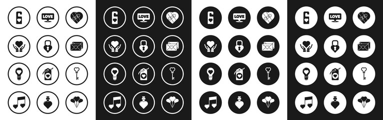 Set Candy in heart shaped box, Castle the of, Heart on hand, Please do not disturb with, Envelope Valentine, Speech bubble text love, Key and light bulb icon. Vector