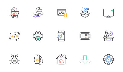 Work home, Computer and Ab testing line icons for website, printing. Collection of Safe box, Upload photo, Fake news icons. Download, Spanner, Time management web elements. Vector