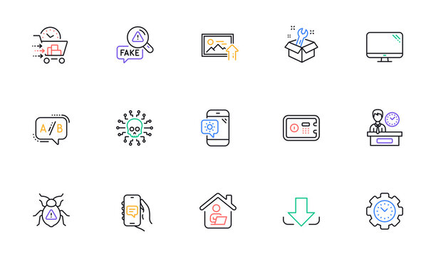 Work home, Computer and Ab testing line icons for website, printing. Collection of Safe box, Upload photo, Fake news icons. Download, Spanner, Time management web elements. Vector