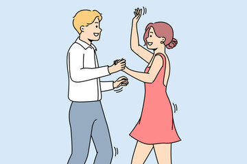 Smiling man and woman dancing together having fun. Happy couple perform at dance competition. Hobby and occupation. Vector illustration.