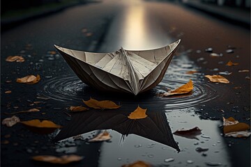 a paper boat floating on top of a puddle of water next to a street with a building in the background and a reflection of the sky in the water on the ground is a puddle.