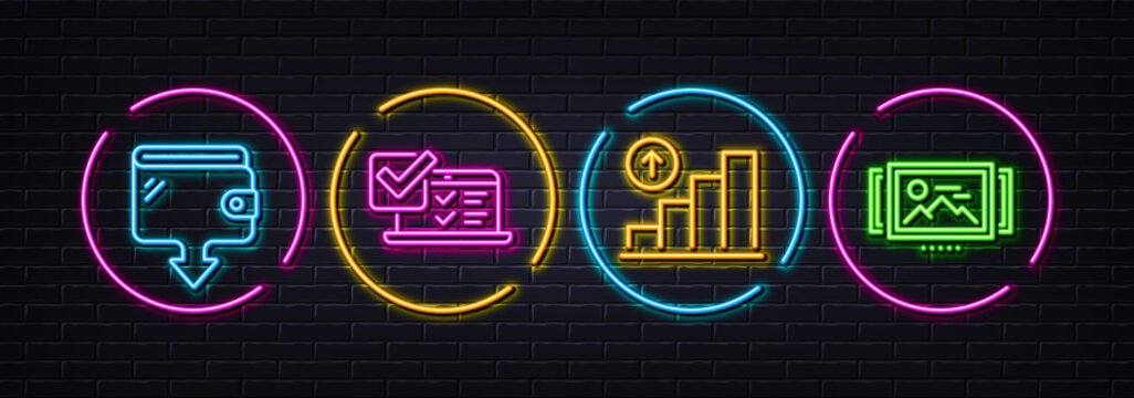 Wallet, Online survey and Graph chart minimal line icons. Neon laser 3d lights. Image carousel icons. For web, application, printing. Send money, Quiz test, Growth report. Photo album. Vector
