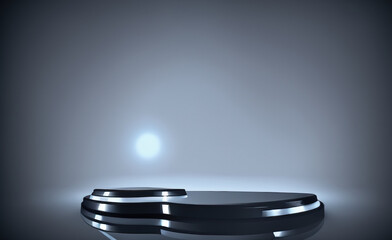 Futuristic dark podium with light and reflection background