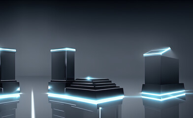 Futuristic dark podium with light and reflection background