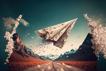 a paper airplane flying over a mountain road with birds flying around it and a mountain range in the background with a sky filled with clouds and birds flying over the top of the mountain tops.
