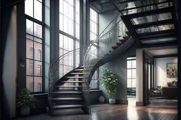 Obraz premium a staircase in a large room with a potted plant on the floor and a potted plant on the side of the staircase in front of the room, and a large window with a. generative ai