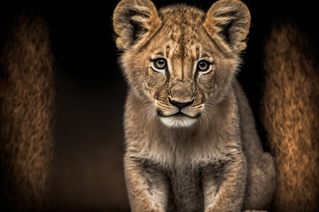 Fototapeta na wymiar Adorable baby African lion cub on an savannah. Digital artwork
