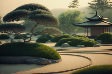 Zen garden. A calm morning, hazy. Zen background. Wallpaper for meditation. Digital artwork