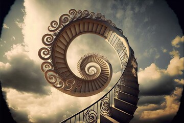 a spiral staircase with a sky background and clouds in the background, with a sky background and a spiral staircase in the foreground, with a cloudy sky and clouds in the background,.