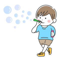 シャボン玉をする男の子のイラスト