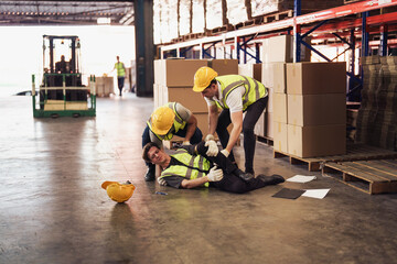 Industrial worker injured in the warehouse, factory while co-worker try to help, factory safety, construction zone, accident at factory work. - obrazy, fototapety, plakaty
