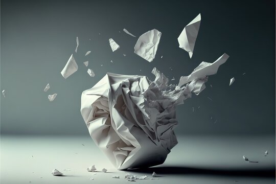 a crumpled white paper ball with a lot of flying papers in the air above it on a gray background with a black and white background with a splash of white paper on the bottom and. Generative AI