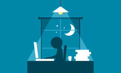 Office worker stressful deadline busy overtime (O.T.) late night on working space table laptop or computer notebook with window moon stars on dark blue background cartoon character flat vector design.