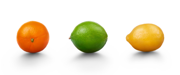 A group of fresh citrus fruit, orange, lime and lemon, isolated against a transparent background.
