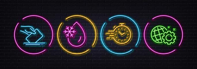 Voting ballot, Timer and Freezing water minimal line icons. Neon laser 3d lights. Seo gear icons. For web, application, printing. Voting campaign, Deadline management, Freeze temperature. Vector