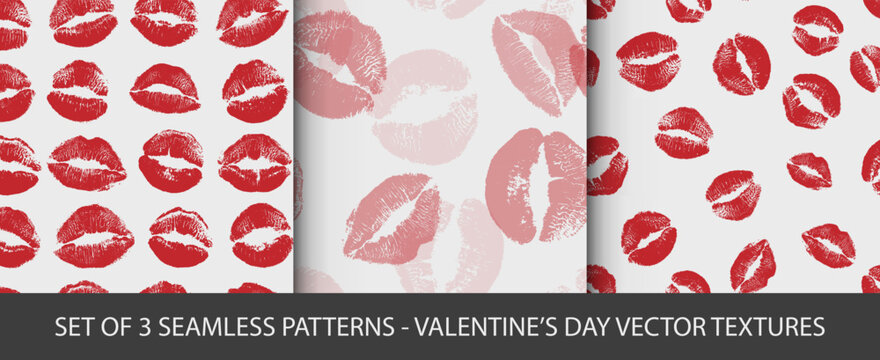 Set of 3 vector seamless backgrounds. Lipstik kiss Valentine's day lovely patterns