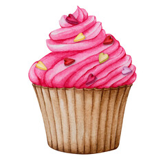 Watercolor cupcake. Clipart for the design of cards, invitations, menus, logos, labels, stationery. Element for Valentine's Day, birthday, mother's day, wedding, children's party, anniversaries.

