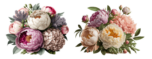 Flower arrangement or bouquet with peonies isolated on transparent background