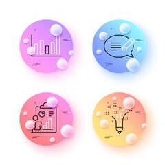 Message, Report and Column chart minimal line icons. 3d spheres or balls buttons. Inspiration icons. For web, application, printing. Speech bubble, Survey clipboard, Financial graph. Vector