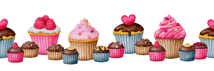 Seamless garland of cupcakes and chocolate. Watercolor border for the design of cards, invitations, greetings, menus, fabric prints, banners. Clipart for Valentine's Day, birthday, children's holiday.