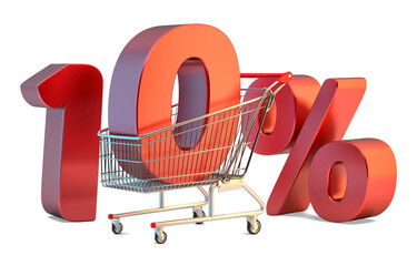 Shopping cart with 10 percent discount sign. 3D illustration. Isolated © kirill_makarov