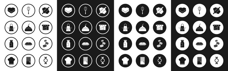 Set Rolling pin on dough, Cake, Kitchen apron, Candy heart shaped box, Bread toast, whisk, Macaron cookie and Bottle with milk icon. Vector